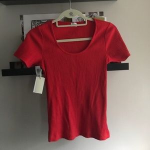 Bright Red Ribbed Short Sleeve Tee with Scoop Neck